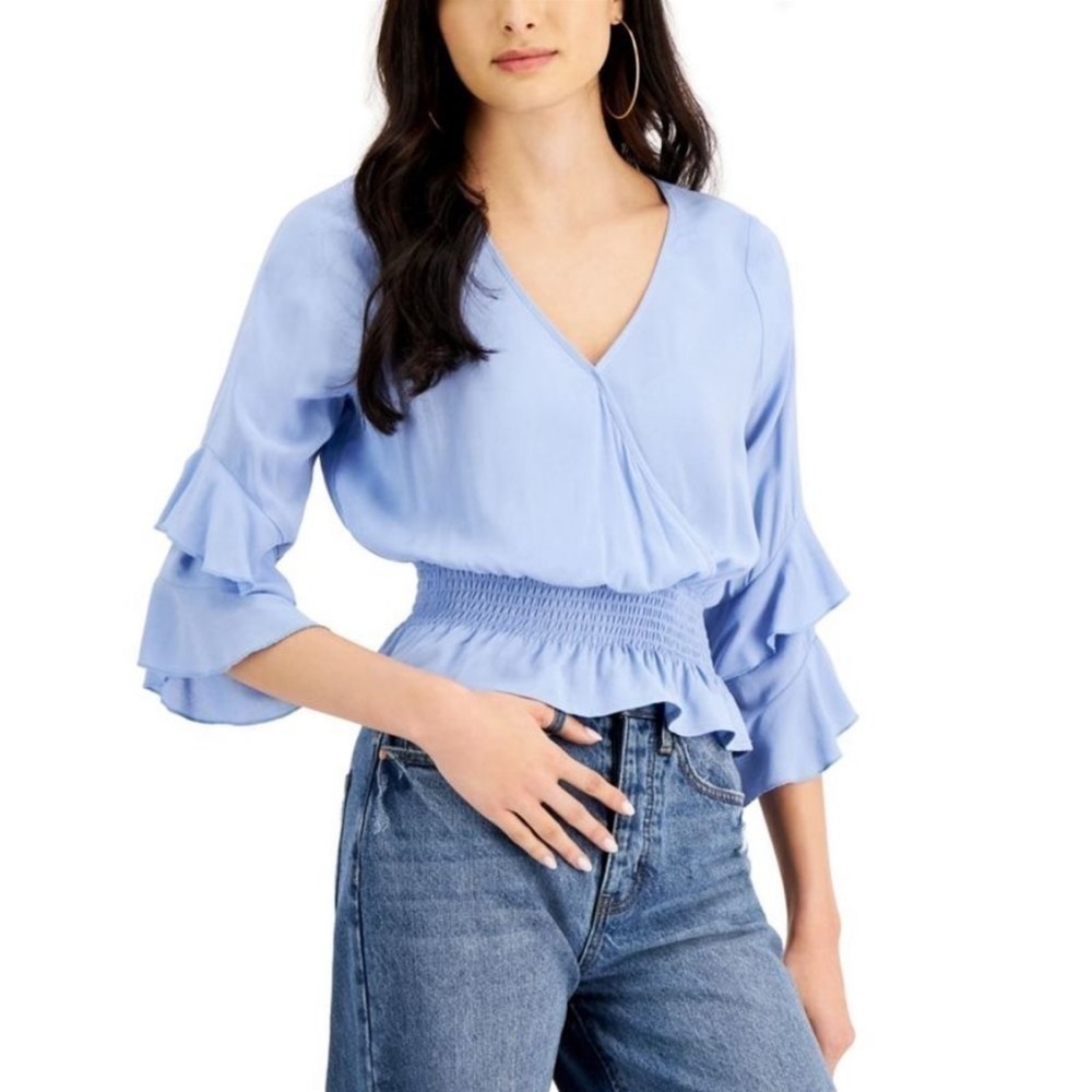 Just Polly Juniors Smocked-Waist Top, shirt Denim,Medium